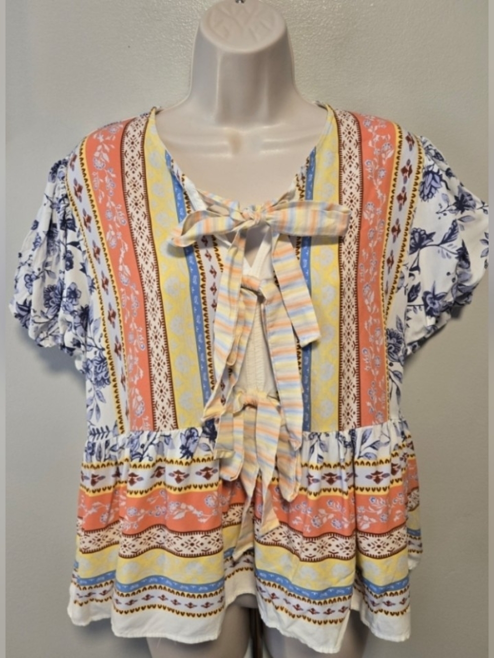 Kori American Boho Stripe Tie-Front Peplum Top - Multi Large